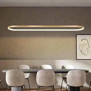 Bellastein Pendelleuchte Oval Esstisch Büro Lampen, LED Hängeleuchte Dimmbar Deckenleuchte mit Fernbedienung, Modern Ring Design Kronleuchter für Esszimmer Küchenlampe Blendfrei (L120cm, Gold)