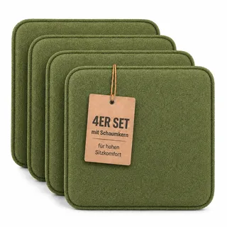KAMACA Sitzkissen 4er Set 35x35 cm Eckig Moosgrün | Stuhlkissen Filz Gepolstert mit Schaumkern – Sitzpolster Bequem für Stuhl, Esszimmer, Küche, Balkon & Gartenstuhl