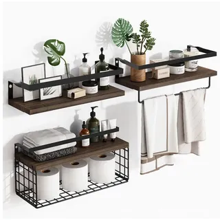 Rhein Beleuchtung Wandregal Hängeregal Wandregal Metall 3-tlg. Set aus Holz im Retro-Stil, Massivholz & Metallrahmen, vintage & belastbar, mit Handtuchhalter braun