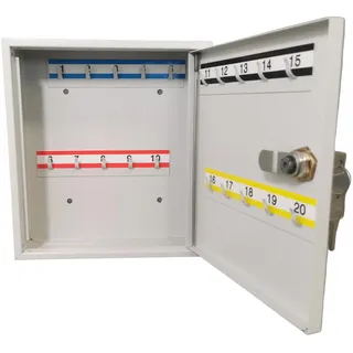 LEOMAR Schlüsselschrank, Schlüsselkasten mit 20 Haken, Schlüsselbox aus Stahlblech, mit Festen Hakenleisten, Organizer zur Wandbefestigung, Abschließbar, mit Montagematerial, 6 x 20 x 22 cm