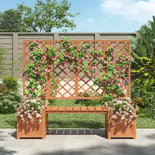 Pflanzkasten Mit Rankgitter Und Bank, Massives Tannenholz Braun, Kletterpflanzenstütze Für Garten Terrasse Linhoo