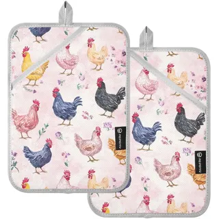 KLL Topflappen für die Küche, 2 Stück, hitzebeständig, Topflappen mit Tasche, Hot Topflappen, Ofenhandschuhe, lustiges Bantam Huhn, Rosa