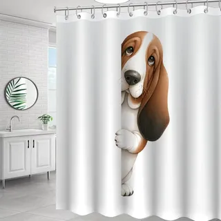 Yelolyio Basset Hound Duschvorhang mit Haken, Hund, der um die Ecke schaut, wasserdichter Stoff, Polyester, Duschvorhang für Badewanne, Zuhause, Badezimmer, 183 x 198 cm
