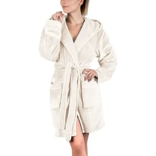 Gräfenstayn Damenbademantel Bademantel Damen flauschig Kapuze Kuschelfleece kurz Größe S, warm & kuschelig, Knielang, Fronttaschen, Gürtel, S-XXL weiß S | 90 cm