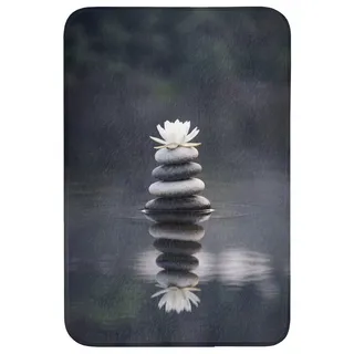 OnlyWow Badematte Steine - Lotus - Grau, Höhe 10 mm, Polyester, Rechteckig, Badezimmerteppich, Badteppich, Rutschfest, Duschvorleger, Duschmatte grau Rechteckig | 60 cm x 90 cm x 10 mm