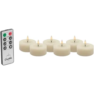 Candela Lights LED Kerzen 6er Set Ø6,8cm Winter creme glatt Echtwachs Teelicht mit Fernbedienung & Timerfunktion Flammenlose flackernde LED-Kerze mehrstufig dimmbar
