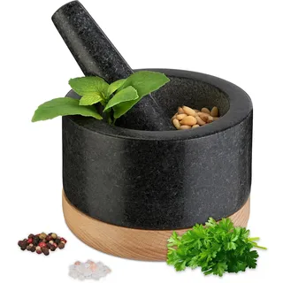 Relaxdays Mörser mit Stößel Granit 8,5 x 14 cm schwarz/natur