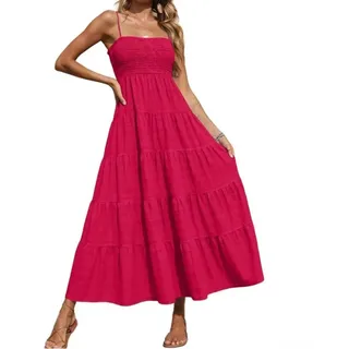 Damen ärmelloses gerüschtes gestuftes langes Kleid gesmoktes Bustier Sommerkleid eine Linie Ausschnitt rückenfrei elegant lässig Sommer Strand Party Maxikleid für heiße Mädchen (XL Rot)