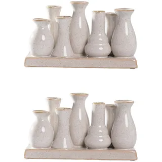 Jinfa 2 Set aus 7 kleinen Vasen auf festem Sockel | handgefertigte Blumenvasen Tischdeko | Antik-Weiß