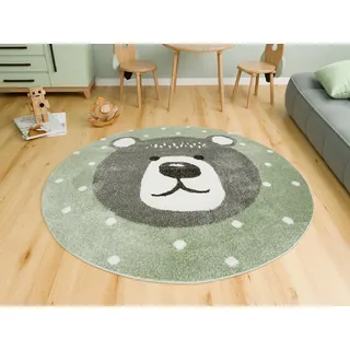AKCILA Runden Kinderteppich Lima Grün Teddybär 140 cm, Teppiche für EIN Kinderzimmer mit kurzem Flor, Teppich für einen Jungen,Mädchen, Kinderteppich, Spielteppich, Kids Carpet