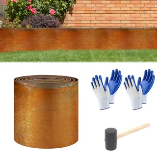 Cortenstahl Rasenkante, Aartner Rasenkante aus Cortenstahl 15 cm hoch, Beeteinfassung Metall mit 2 Paar Handschuhe, Kleiner Hammer, Beetumrandung mit Rost (Gerade, 5m x 15cm)