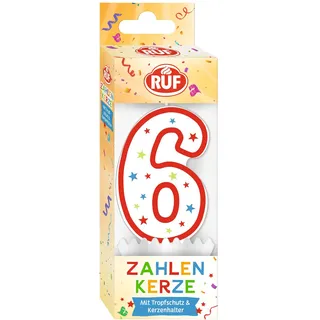 RUF Zahlenkerze Nummer 6, rote Geburtstags-Kerze mit bunten Sternchen, hochwertige Jubiläums-Kerze mit Tropfschutz, ideal als Kuchen Deko, 1 Stück