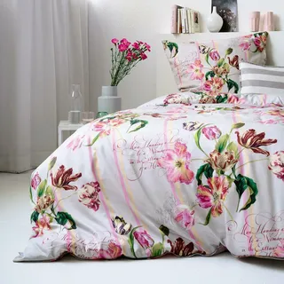 Apelt Mako-Satin Bettwäsche Tulipa taupe 135x200 cm + 80x80 cm - grau;pink;grün