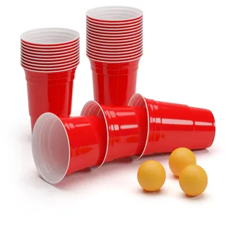 BeerCup-Classics Rote Becher, Red Party Beer Pong Cups 16 oz. 473 ml rot inkl. 3 Beer Pong Bälle und Beer Pong Regelwerk (+ 3 orangene Bälle)