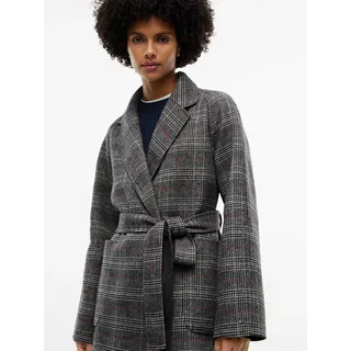 Langmantel TOMMY HILFIGER "DF WOOL REG BELTED CHECKED COAT", Damen, Gr. 42, grau (rwb check), Web, Obermaterial: 70% Polyester, 30% Wolle, kariert, kniebedeckend, V-Ausschnitt, Mäntel, Materialmix, mit Wolle