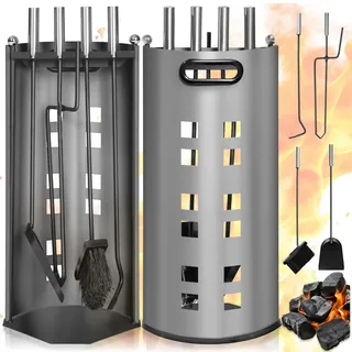 tectake® 5-teiliges Ofenbesteck Kaminbesteck Edelstahl modern, Besteck Set für Kamin, Kachelofen, Outdoor Ofen, Kaminofen Holzofen, Kaminzubehör Kehrset mit Feuerzange, Schaufel und Besen, Feuerhaken