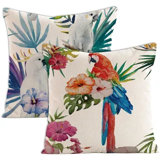 Set Aus 2 Dekorativen Kissenbezügen Mit Tropischen Blumenmustern (blumen, Palmen, Blätter, Flamingos, Papageien, Vögel), Standard-quadratformat 45 X 45 Cm, Sommerlicher Aquarellstil.