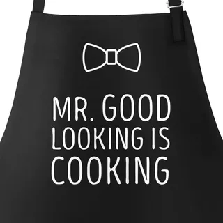Koch-Schürze Grill-Schürze für Herren mit Spruch Mr Good Looking is Cooking Fliege Moonworks® schwarz unisize - Schwarz