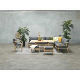 Garden Impressions Gartenlounge-Set "Santos rechts", Holz Gartenmöbelset, (Spar-Set, 5-tlg., Akazie, Ecklounge, Esstisch, Sessel, 2 Hocker, inkl. Auflagen), inkl. wasserabweisende Kissen, Rope Geflecht beige|grau