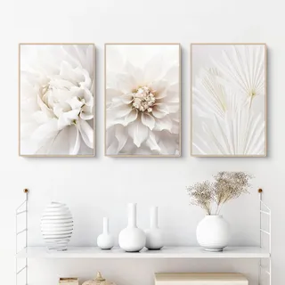 Sarah Duke 3er Poster Set Weiß Rose Blume Bilder, Moderne Leinwandbilder, Ohne Rahmen Wandbilder, Boho Bilder Set Wanddeko für Wohnzimmer Schlafzimmer (50x70cm)