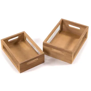 DESIGN DELIGHTS HOLZKISTEN Set Como | 2-teiliges Set, 28x25 cm | Aufbewahrungskisten mit Gitter, Dekokisten mit Draht, Vintage Bücherkisten, Ablagekisten, Holz Vorratskisten