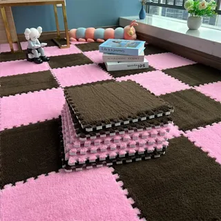 Haklein Plüsch-Schaumstoff-Bodenmatte, 30 x 30 x 1 cm, Spielmatten, Puzzle-Teppich, Schaumstoff-Bodenfliesen, rutschfest, weich, ineinandergreifend, Teppich, Raumdekoration, 10 Stück, Braun und Rosa