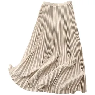 Hgvcfcv Langer Faltenrock für Damen, Frühling, Herbst, elastisches Band, A-Linie, eleganter Büro-Damen-Midirock, beige, 48 - XL