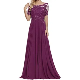 yhfshop Damen Abendkleid,Schulter-Kurzarm-Partykleid mit Spitzenapplikationen-Fuchsie_48,Hochzeit Kleider Elegant Lang Abendkleid
