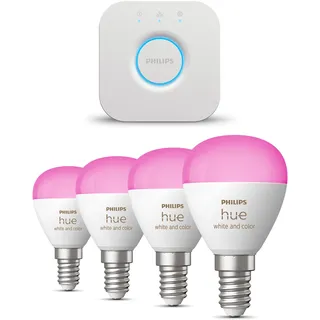 Philips Hue Starterpaket - E14 - mit 4 Kugel LED Lampen - Weißes und Farbiges Licht - inkl. 1 Hue Bridge - Hue White and Color Ambiance