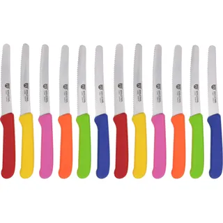 GRÄWE Tafelmesser 12 Stück, Messerset zum Schneiden, 12er Pack Brötchenmesser, Frühstücksmesser mit einseitigem Wellenschliff, Brotmesser, scharfe Messer für Brotzeit, 21 cm - Bunt