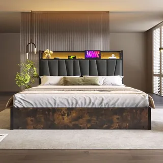 MODFU Boxspringbett Hydraulisches 180x200 cm mit LED-Beleuchtung, Polsterbett Metallbett mit USB-Ladeanschluss, Doppelbett Stauraumbett mit Bettkas... - Grau