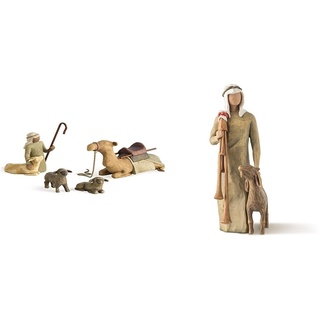 Willow Tree 26105 Figur Schäfer und Stalltiere, Braun & Zampognaro - Hirte mit Sackpfeife und Ziege als Ergänzung Nativity Krippe