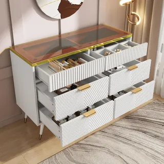 Merax Kommode mit 6 Schubladen, Weiß Modern Komodenschrank für Schlafzimmer, Sideboard Schubladenschrank für Wohnzimmer, Esszimmer und Büro, aus Holz & Bernstein Glas, mit Metallgriffen, 120x40x76cm