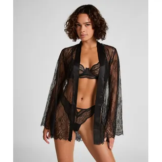 Bademantel HUNKEMÖLLER "Kimono Allover-Spitze" Gr. XS, schwarz, XS/S, 100% Polyamid, Hausmäntel, Bademantel