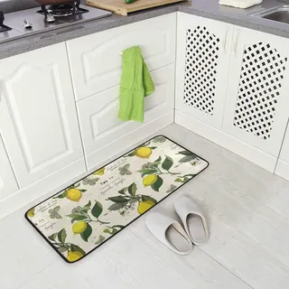 Mnsruu Küchenmatte Zitrone Und Schmetterlinge Vintage Muster rutschfeste Rückseite Fußmatte Boden Küche Teppiche Bad Läufer Matten Teppich, 99 X 50.8CM