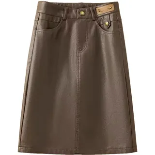 Suwequest Lederrock für Frühling, Herbst, Winter, Damen, schwarz, braun, hohe Taille, PU, A-Linie, große Größe, Midi-Röcke, Braun 2, 44 - L