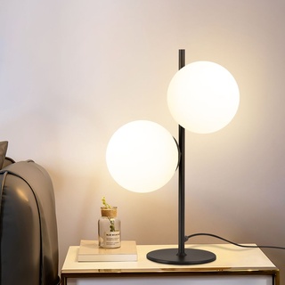 ZMH Nachttischlampe Schwarz Modern Tischlampe Messing 2 Flammig Metall Tischleuchte mit Schalter aus Weiß Glas E27 Fassung für Wohnzimmer Schlafz...