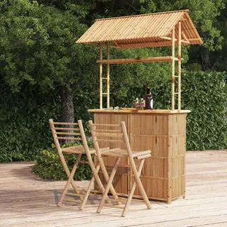 Mengtu Bambus Bar-Set für Garten oder Terrasse - Stabile Konstruktion mit Sonnenschutzdach - 2 Stühle und Theke 215 cm Bar-Thekenmöbel 341741