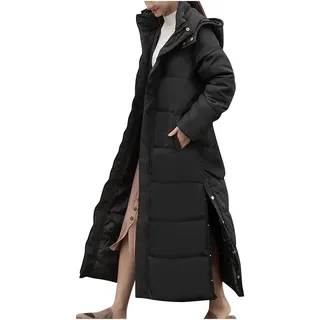 Maxi-Pufferjacke for Damen, langer gepolsterter Mantel, langer Kapuzenpullover, warme Steppjacke for den Winter, lange Parka-Mäntel, Daunenmantel mit abnehmbarer Kapuze for Damen, Ausverkauf(Black,XL) - XL