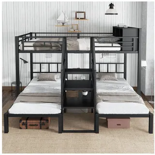Odikalo Etagenbett 90x200 140x200 Metallbett Kinderbett Jugendbett mit drei Schlafplätzen (Eisenbett, Etagenbett, Bequeme Treppe mit Handläufen, Stabile Bettgestellstruktur, Oberes Bett mit Stauraum, Eisen, Schwarz, 90x200cm & 140x200cm)