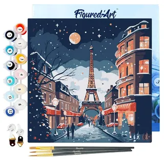 Figured'Art Mini Malen Nach Zahlen Erwachsene Mit Rahmen 20x20cm Kleines Format - Weihnachten in Paris - Paint by Numbers Basteln DIY Bastelset Leinwand gespannt auf Holzrahmen