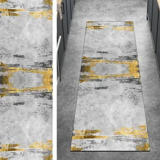Ymural Läufer Flur Teppich Lang Teppichmatten Abstrakt 40x60CM Gold Grau Kücheläufer rutschfest Meterware Teppichläufer Waschbar Kurzflor Polyester Korridor, Breite 40-120cm