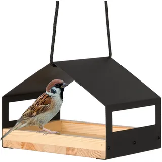 wondermake® Design Vogelhaus aus Metall und Holz wetterfest zum Aufhängen, modernes Vogelfutterhaus klein Metalldach hängend, Vogelhäuschen Futterhaus für Vögel, schwarz