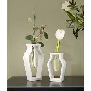 Dekoleidenschaft - 2x Vase 'Amphore' aus Porzellan, weiß glänzend, mit Reagenzglas, Blumenvase, Reagenzglasständer
