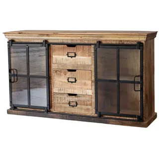 baario Sideboard Sideboard FINE 150cm breit, Massivholz & Eisen rustikal Glastüren Design braun