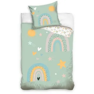 MTOnlinehandel Kinderbettwäsche Regenbogen, Sterne & Sonne 135x200 + 80x80 cm, 100 % Baumwolle, Satin, 2 teilig, mit YKK Reißverschluss · sanft, weich für Mädchen & Jungen bunt|grün