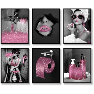 Fashion Wall Art Badezimmer Dekor Drucke Set von 6 Pink Schwarz und Weiß Glam Glitter Tissue Leinwand Poster Bilder Fotos Badezimmer Kunstwerk Wand Moderne Frauen Lustiges Badezimmer (B&W Pink, 20,3 x