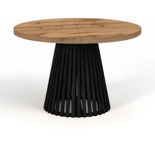 Runder Ausziehbarer Tisch für Esszimmer, DOVER - Industrial/Loft Still mit Lamellenbeine, Durchmesser: 90 / 140 cm, Farbe: Eiche Wotan / Schwarz
