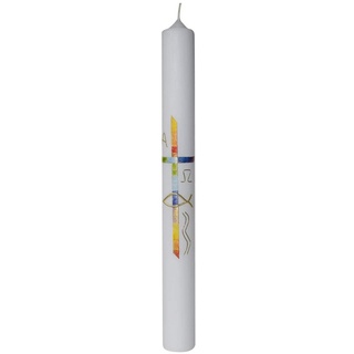 Taufkerze mit Wachsmotiv Kreuz, Fisch, Bunt, Gold 400 x 40mm