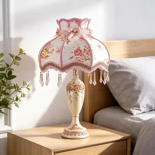 XINYASEE Tischlampe im Vintage-Look mit Blumenmuster - Spitzenlampenschirm mit Kristallquasten, Harz-Basis für Schlafzimmer Wohnzimmer, Französischer Landhausstil Nachttischlampe